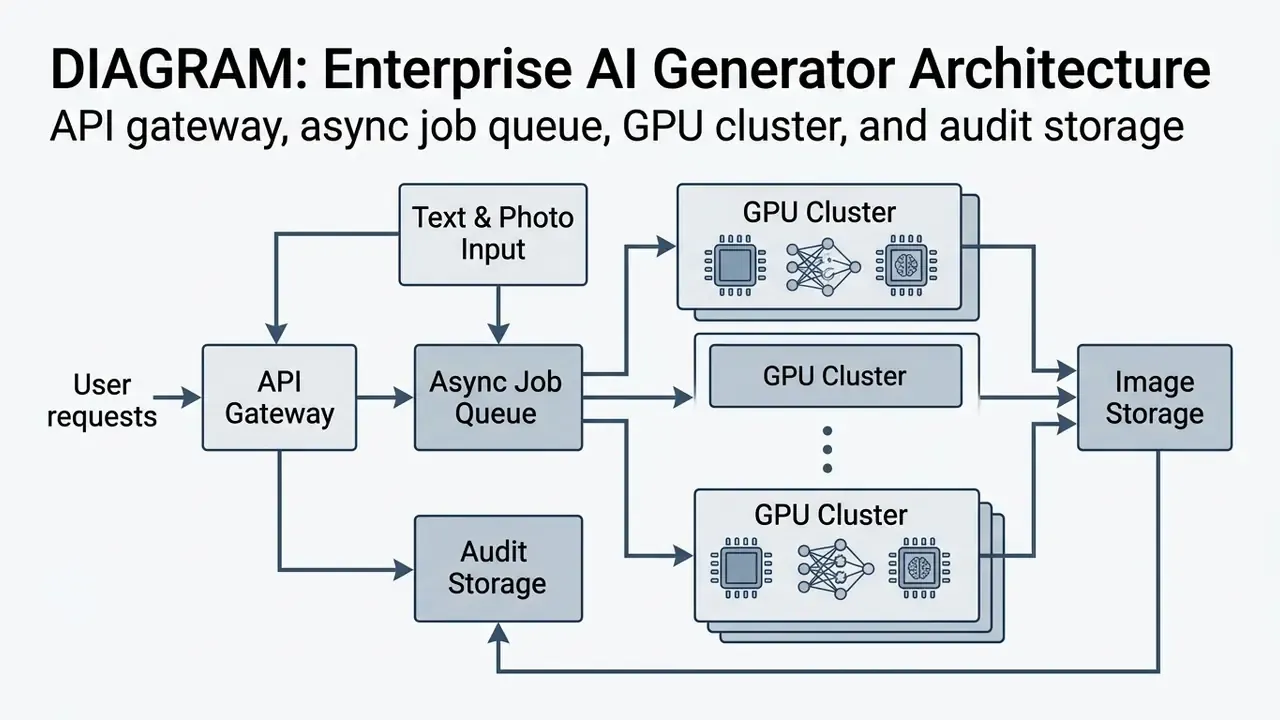 Infrastructure components including an API gateway, job queue, GPU clusters, and audit storage