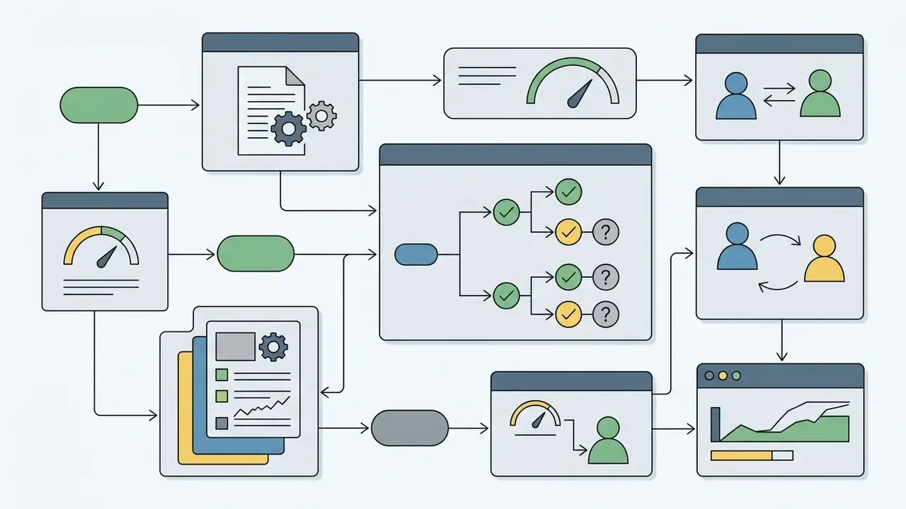 Complex process map connecting document processing, decision trees, and team collaboration steps