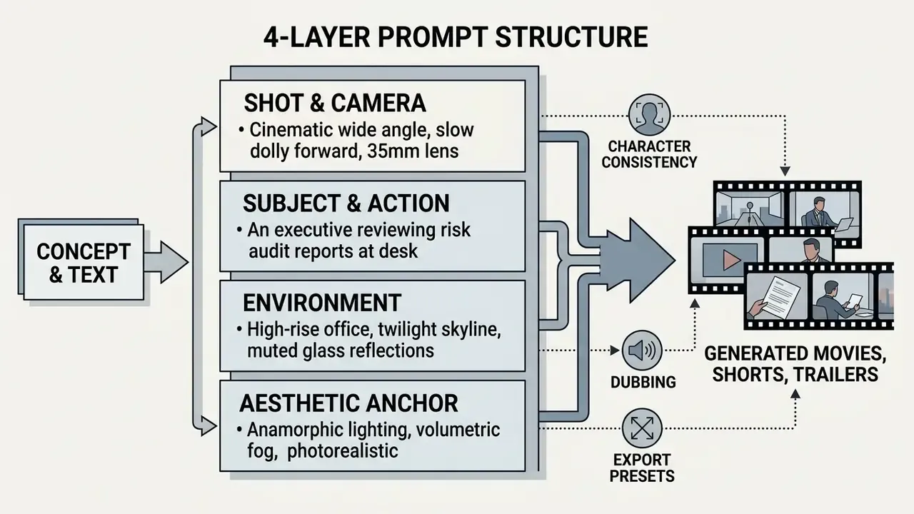 Diagram showing how four prompt layers transform concepts into structured video output for an AI movie maker