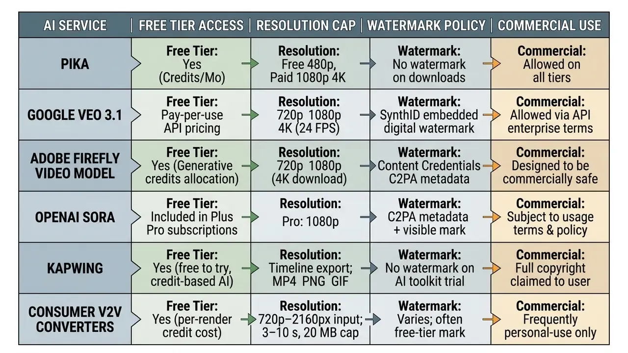 Data table listing AI service policies for free access, resolution, watermarks, and commercial usage rights