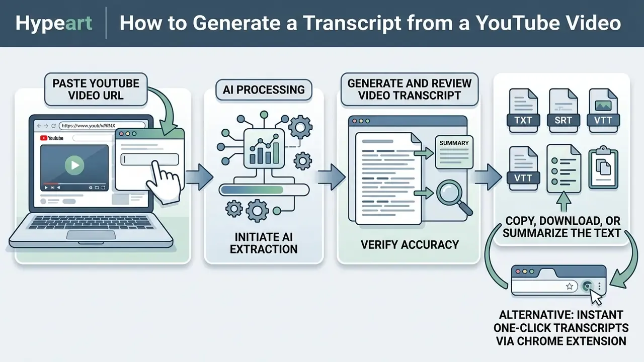 Step-by-step process of using a YouTube video transcript generator to extract, review, and export text