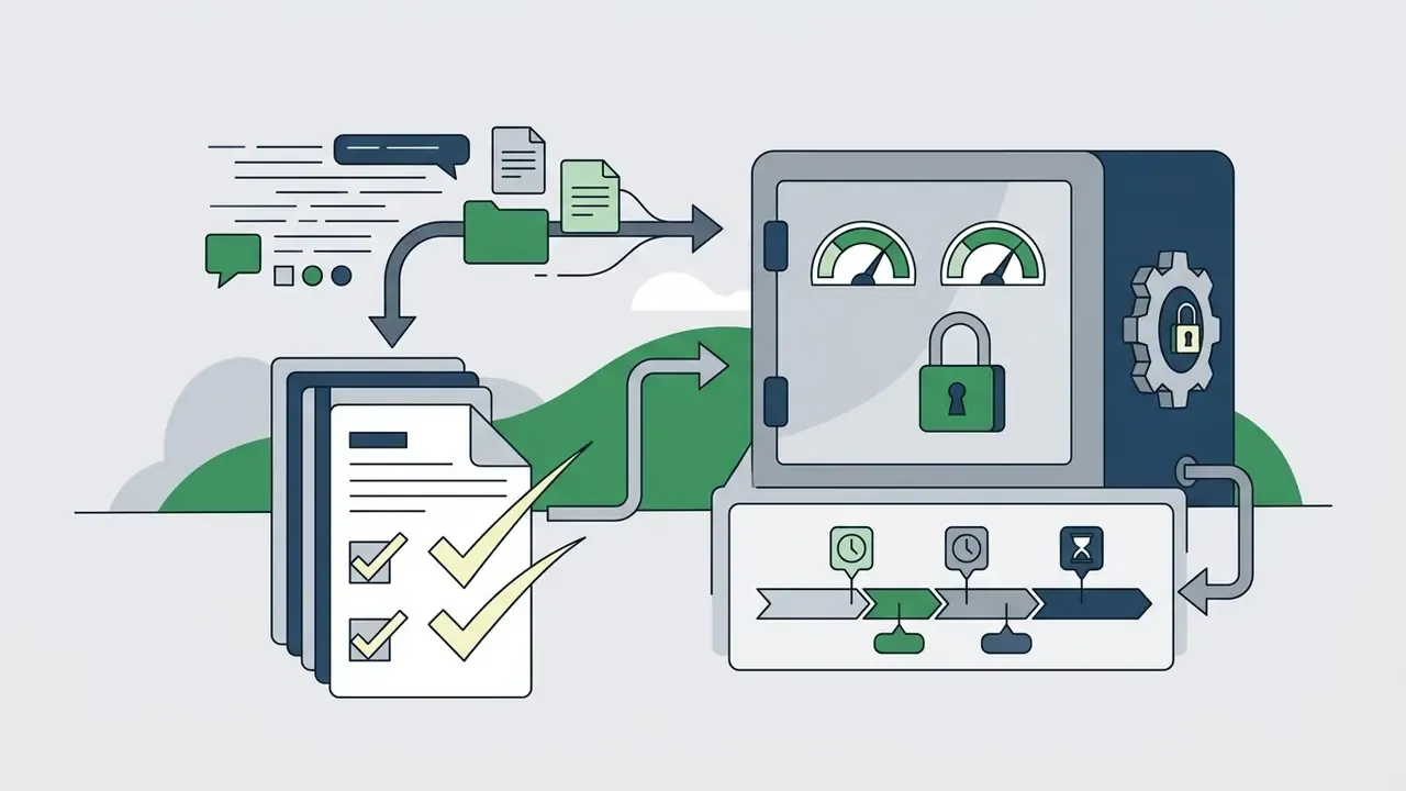 Data files and checked contracts flowing into a locked vault with a timeline and retention gauge