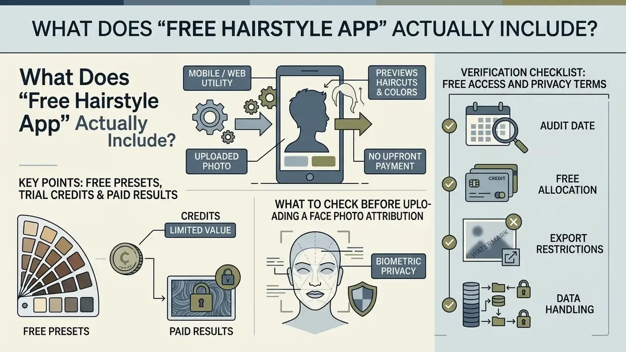 Infographic detailing free hairstyle app functionality, privacy checks, and user verification steps