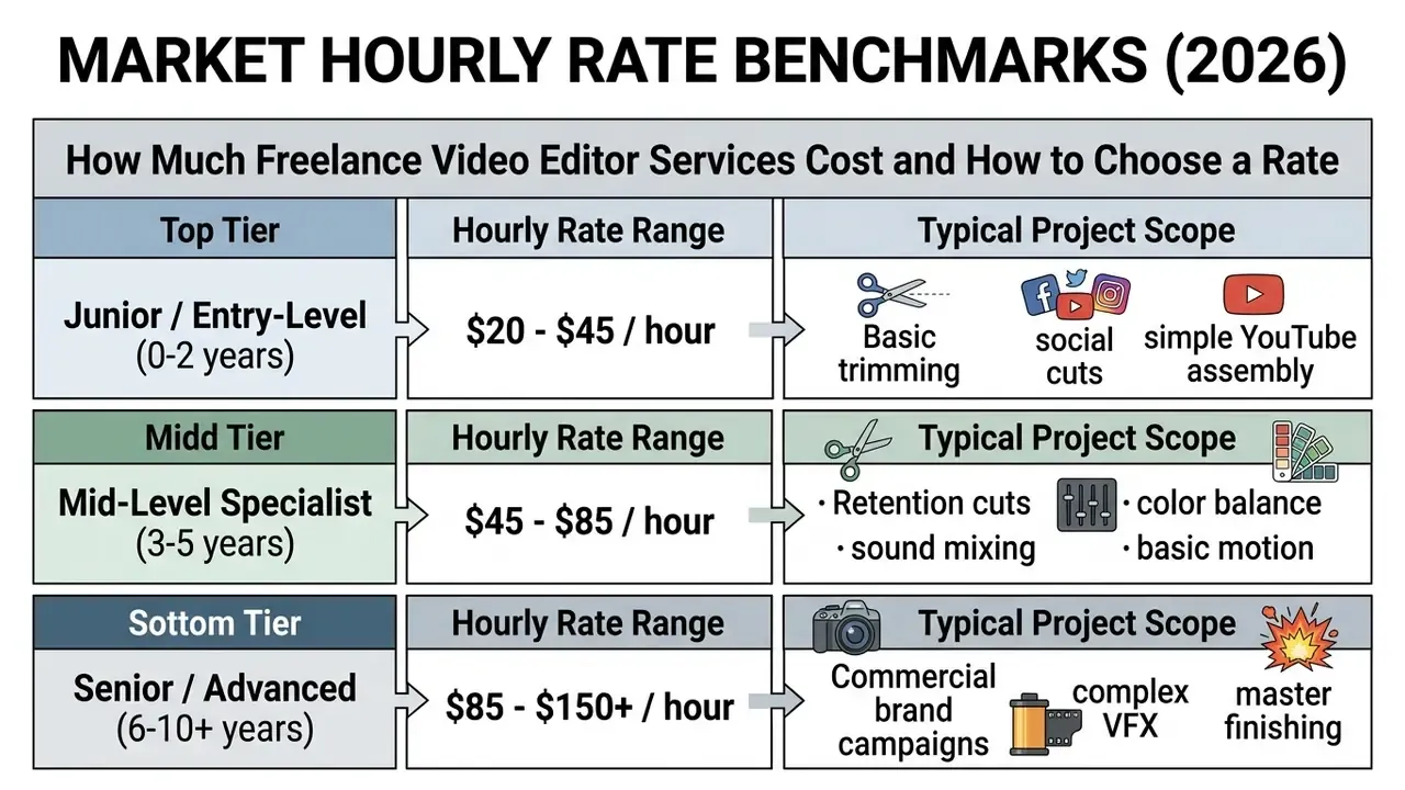Data table categorizing video production expertise levels by hourly rates and corresponding project scopes
