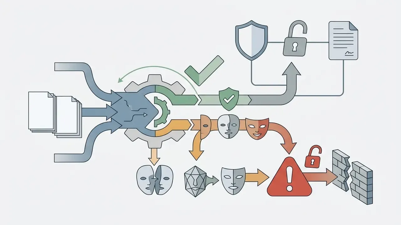 Documents entering a gear mechanism that sorts biometric data into protected channels or risky pathways