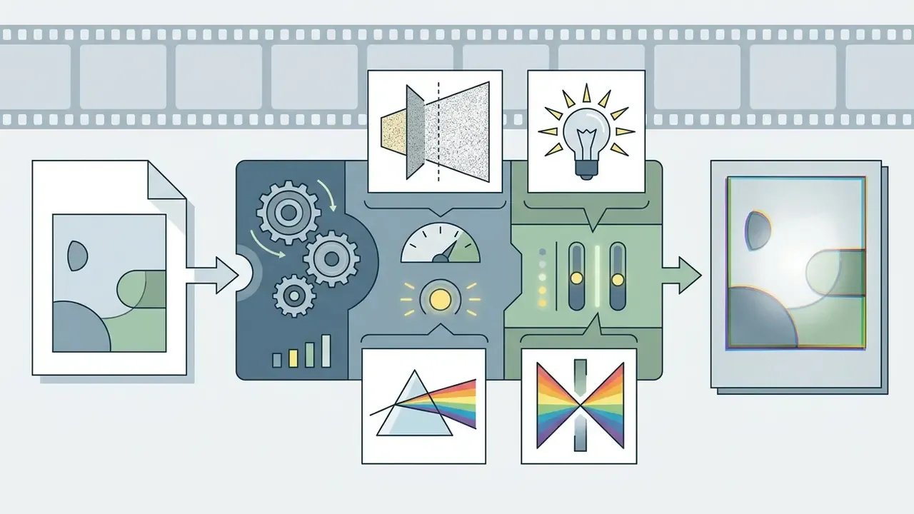Photo passing through gear-driven processor with light and prism icons to emerge as a retro style print