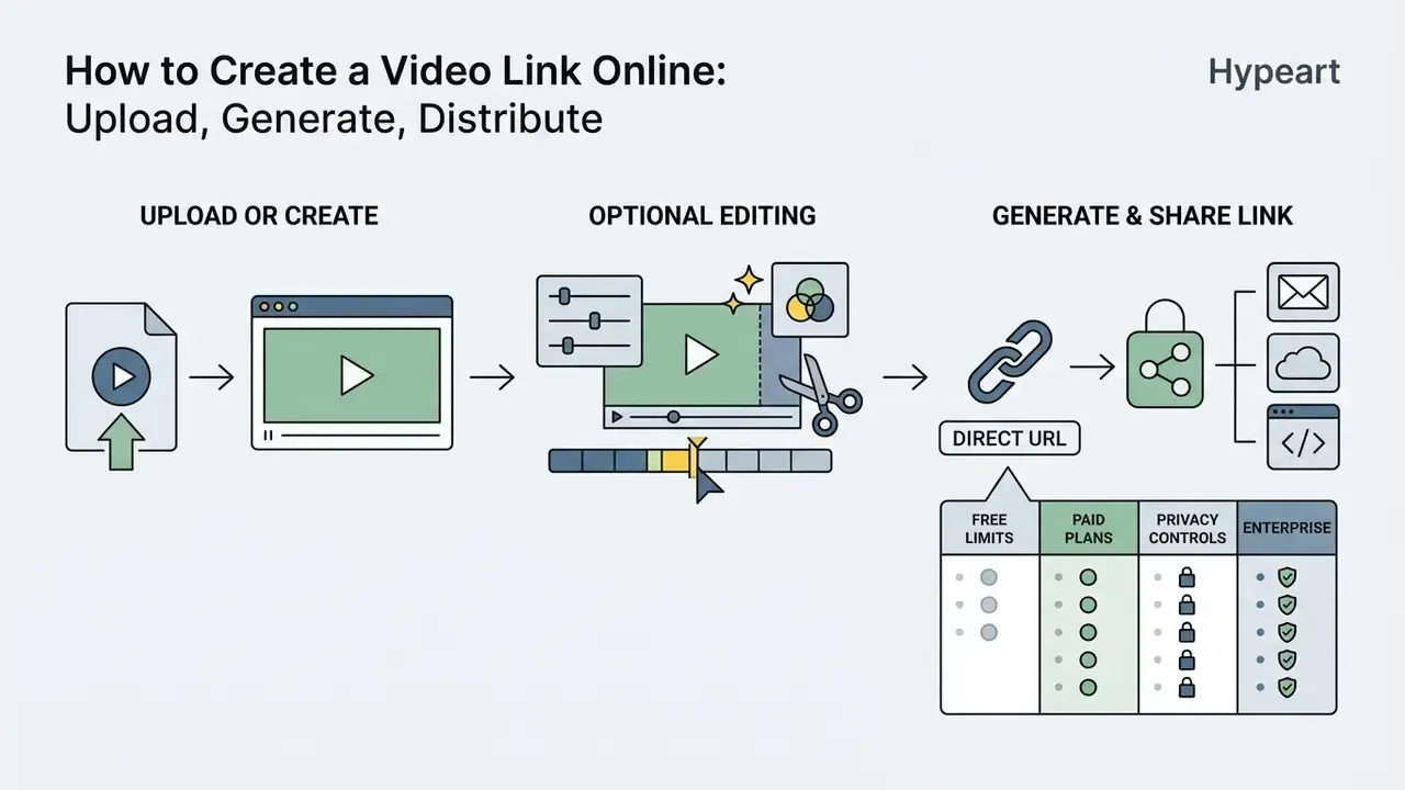 Three step process showing video upload, optional editing, and link generation with sharing options