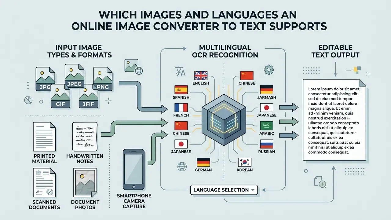 Infographic showing various image formats and document types being processed into multilingual text output