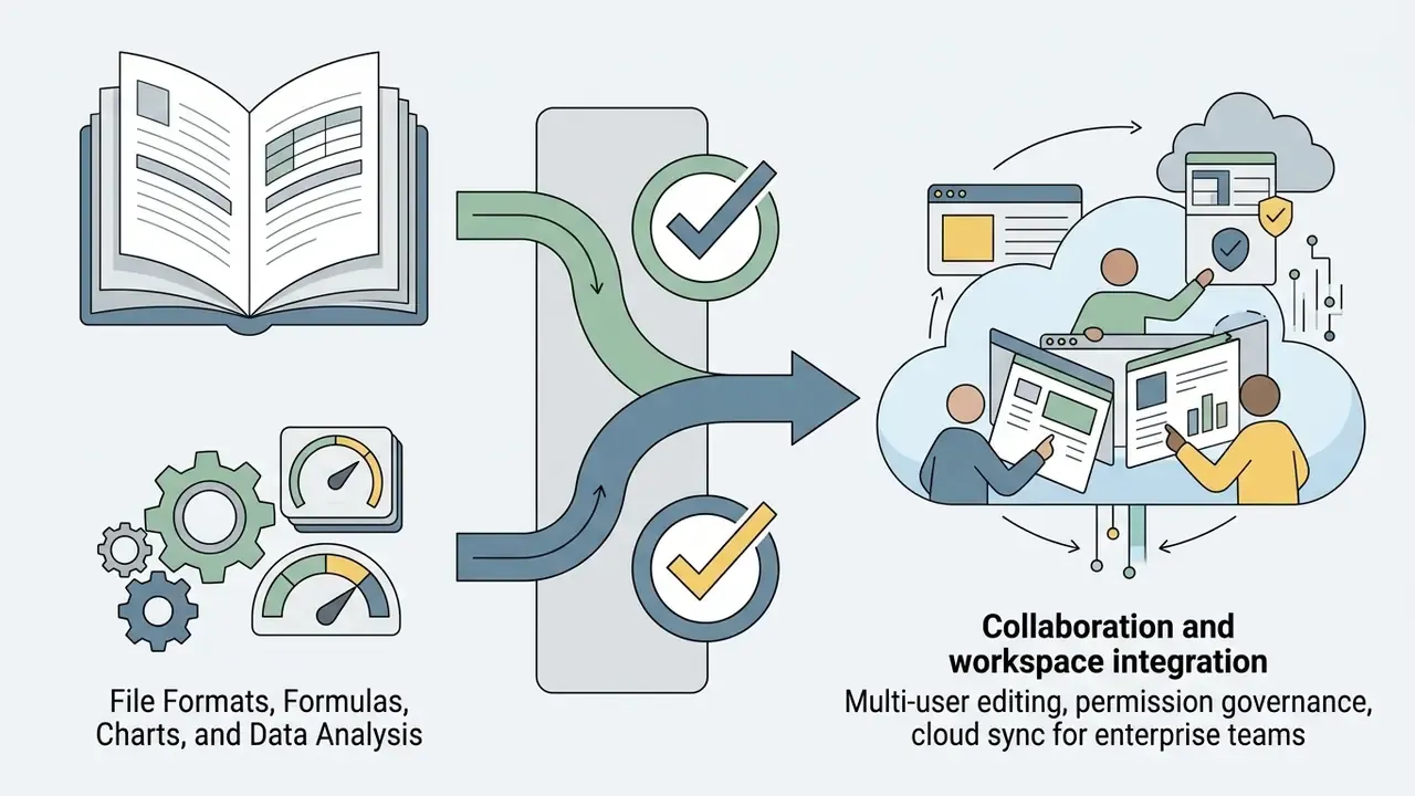 Book and gear icons feeding into a cloud environment where team members collaborate on digital documents