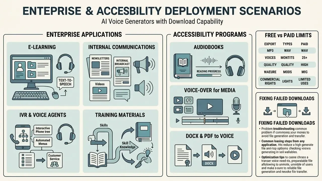 Overview of enterprise and accessibility use cases for voice generation tools and file download management