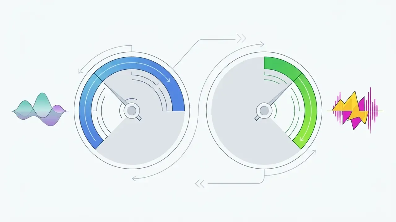 Two circular gauges with arrows indicating BPM settings for a free AI music generator