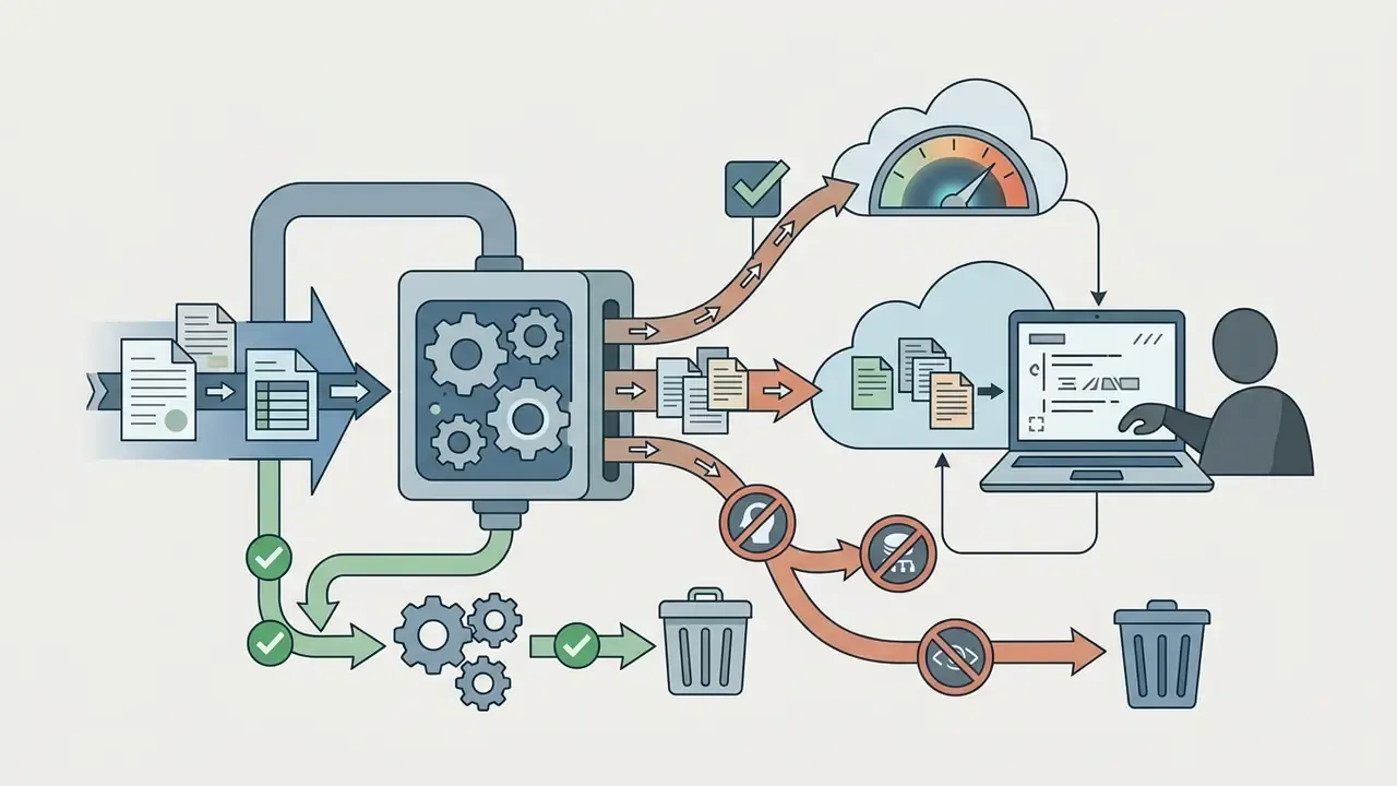 Data processing system showing documents flowing through a central gear mechanism to cloud and trash icons