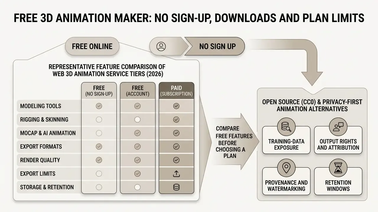 Comparison table of web animation service tiers alongside privacy and open source considerations