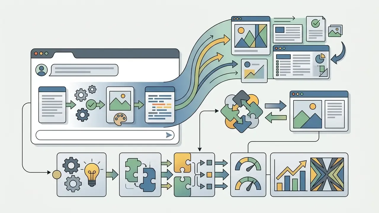 Browser interface processing text prompts into diverse media outputs and analytical data visualizations