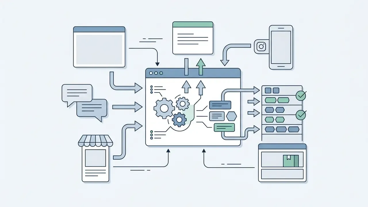 Multiple messaging and marketplace channels routing incoming customer inquiries into a central processing hub