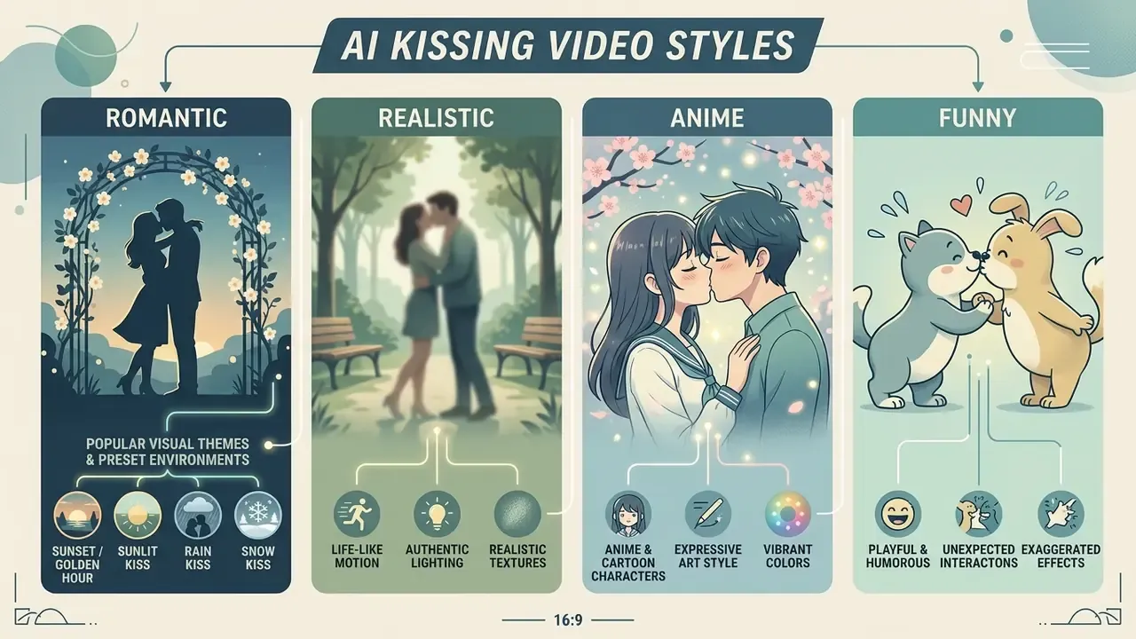 Comparison of romantic, realistic, anime, and funny video styles available in an ai kissing generator