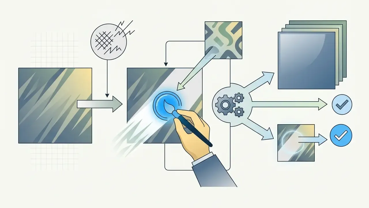 Hand using a digital brush to remove objects from an image before processing into final clean layers