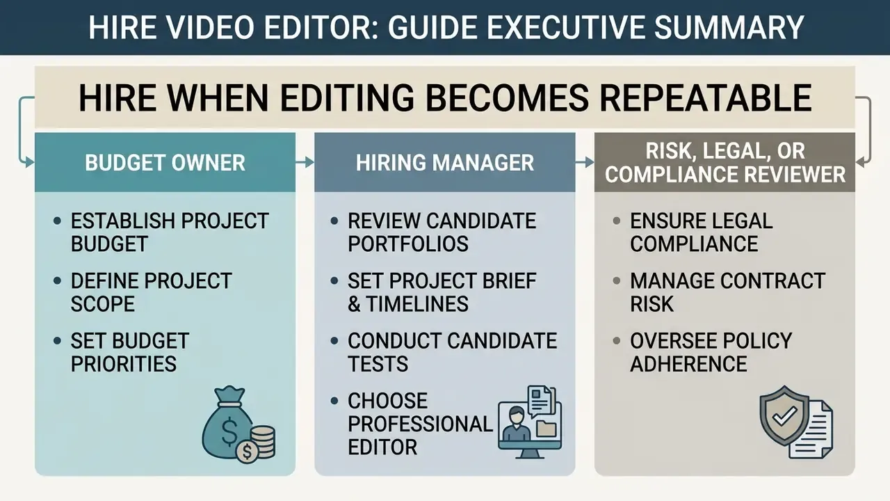 Flowchart outlining the roles of budget owner, hiring manager, and compliance reviewer when you hire video editor