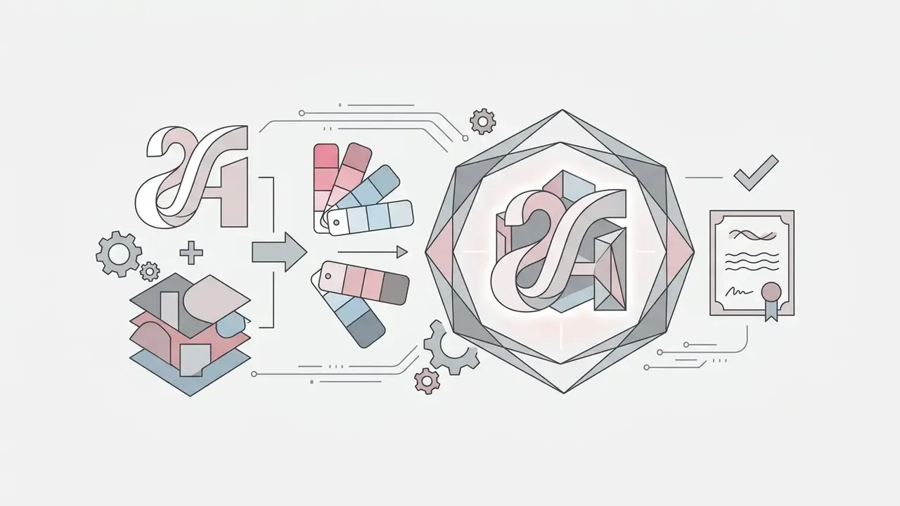 Typography, color palettes, and geometric shapes merging into a finalized brand mark with a certificate