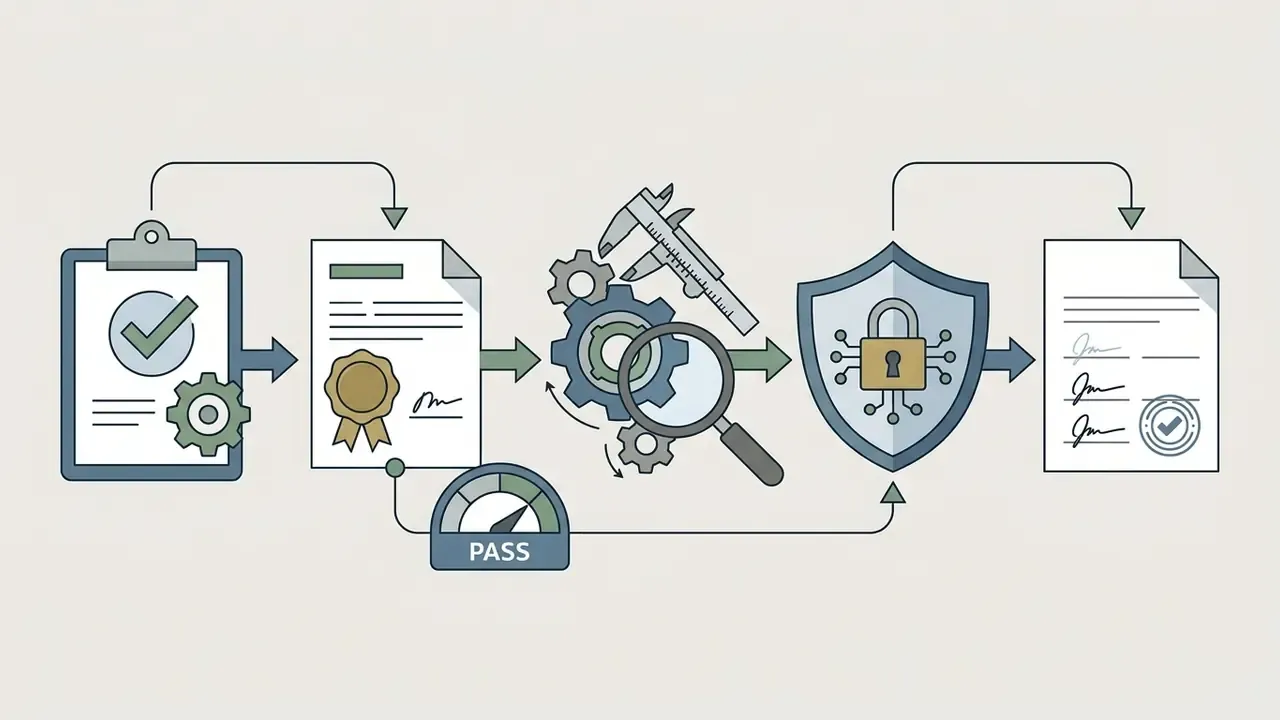 Sequence of icons showing document review, technical inspection, security verification, and final sign-off
