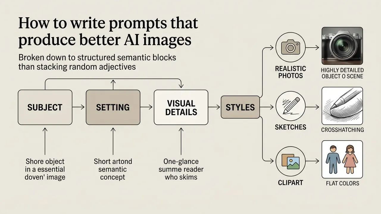 Diagram showing how to structure prompt components into semantic blocks to generate specific art styles