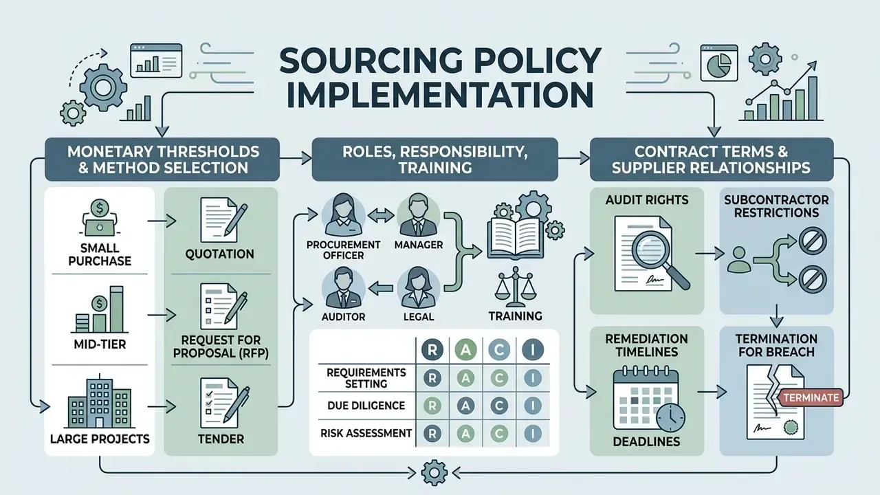 Diagram detailing monetary thresholds, roles, training, and contract management for procurement workflows