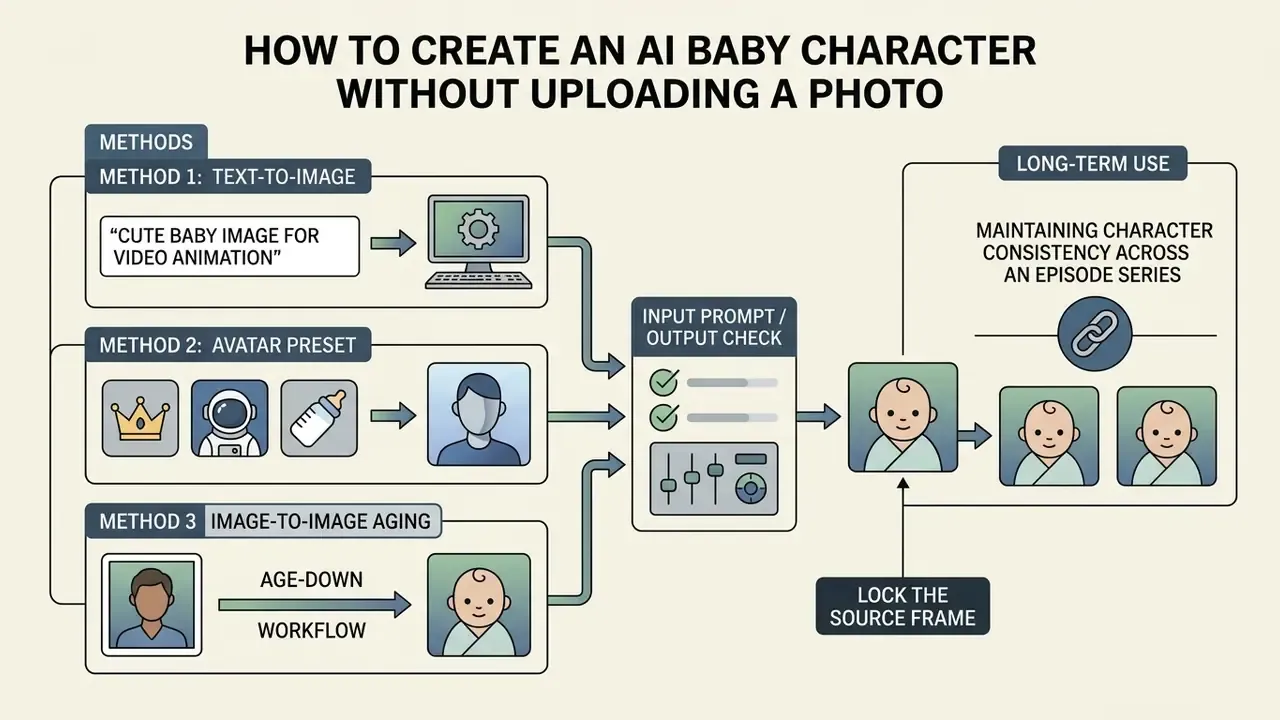 Three distinct generation paths leading to a unified consistency check for AI baby character creation