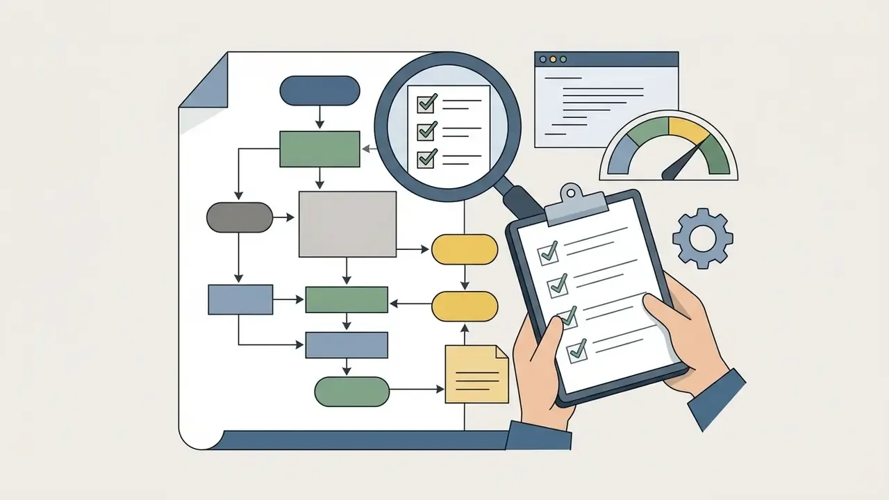 Hands holding a clipboard with checkmarks over a process diagram viewed through a magnifying glass