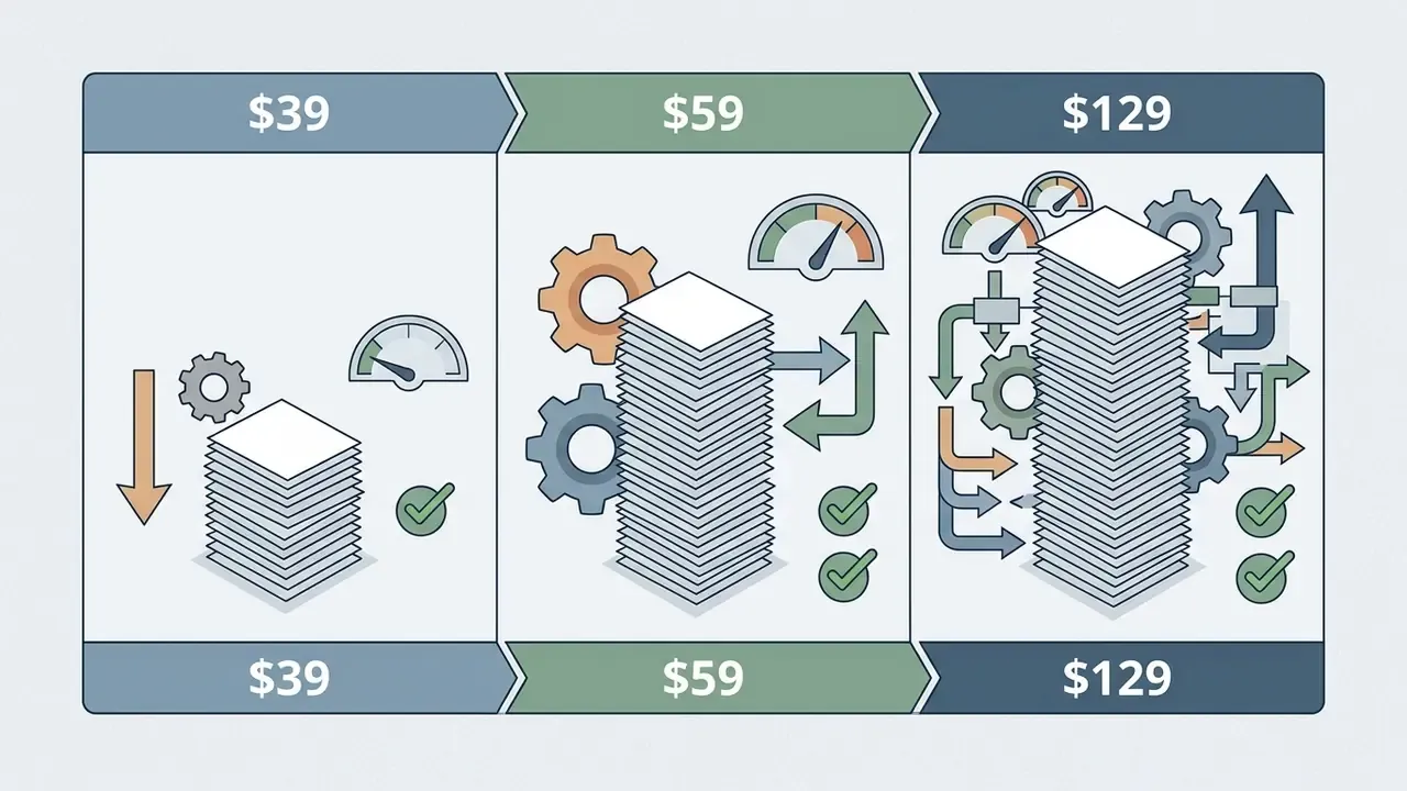 Tiered pricing levels showing increasing stacks of documents processed by gears and speed gauges