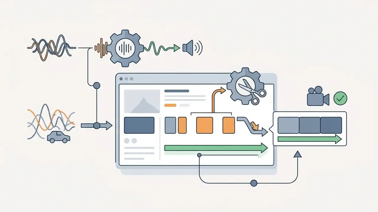 Audio waveforms and street noise being processed through gears to clean audio and trim video segments
