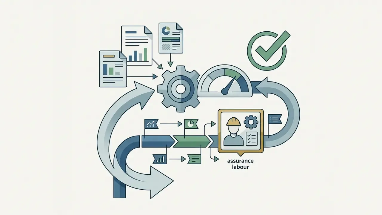 Documents and data feeding into a gear and gauge system that incorporates human assurance labour