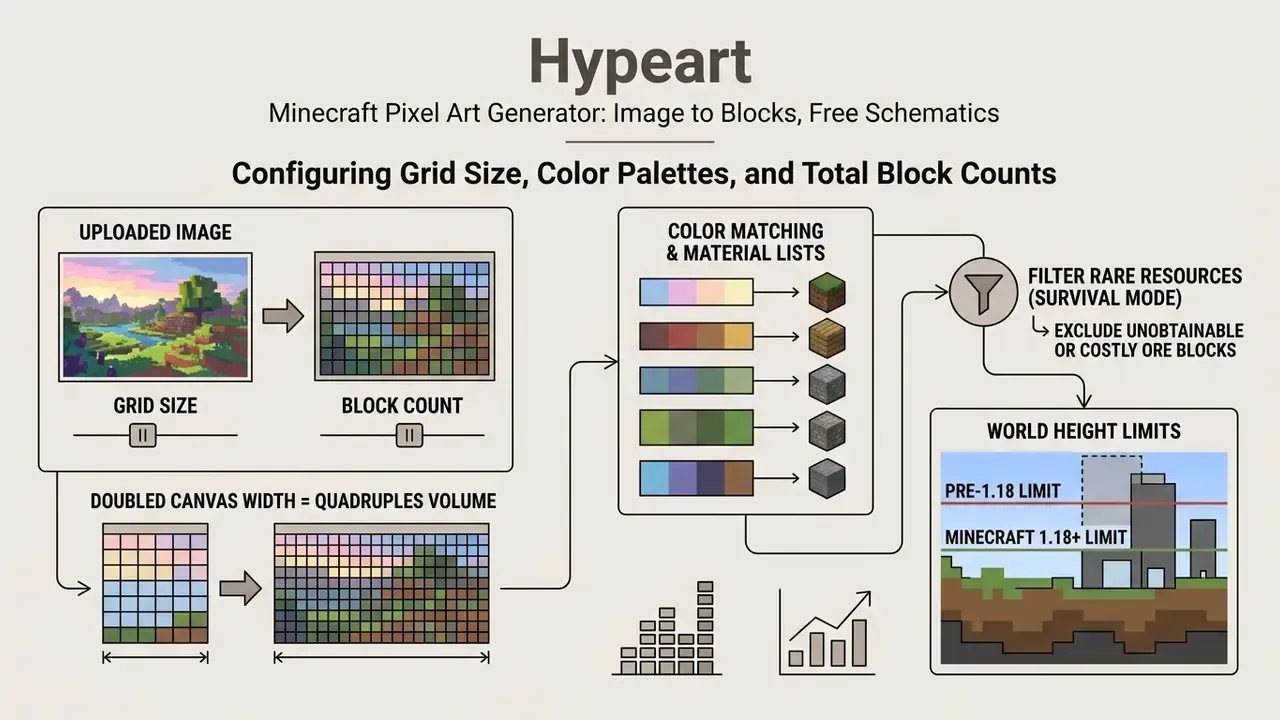 Diagram illustrating how image resolution affects block volume, color matching, and world height limits