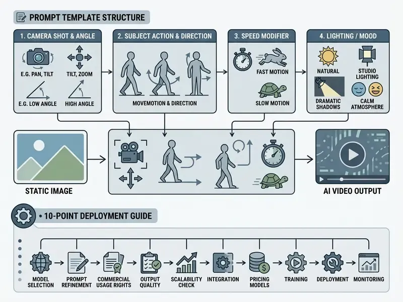 Diagram showing how camera, action, speed, and lighting parameters transform a static image into video