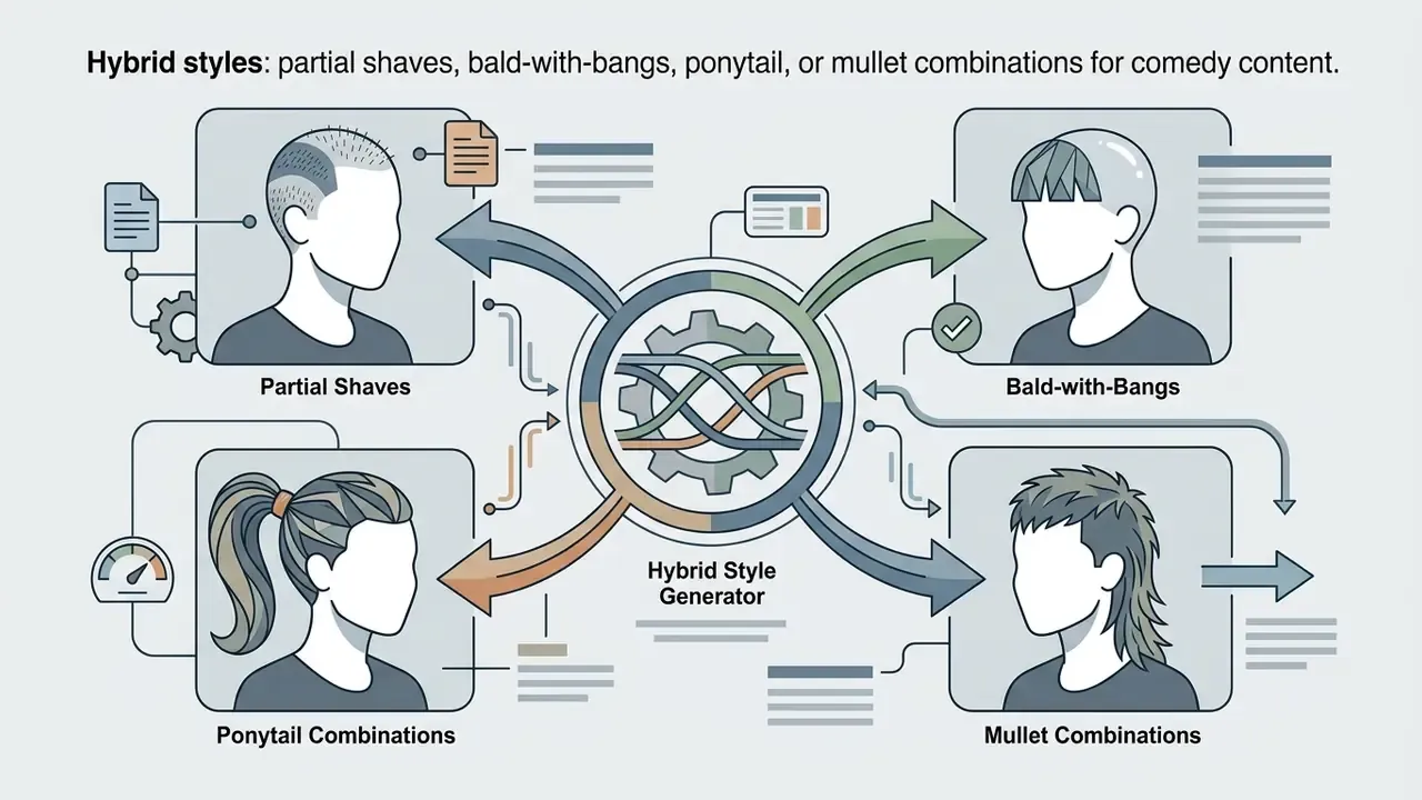 Central generator hub connecting four portraits showing partial shave, bangs, ponytail, and mullet styles
