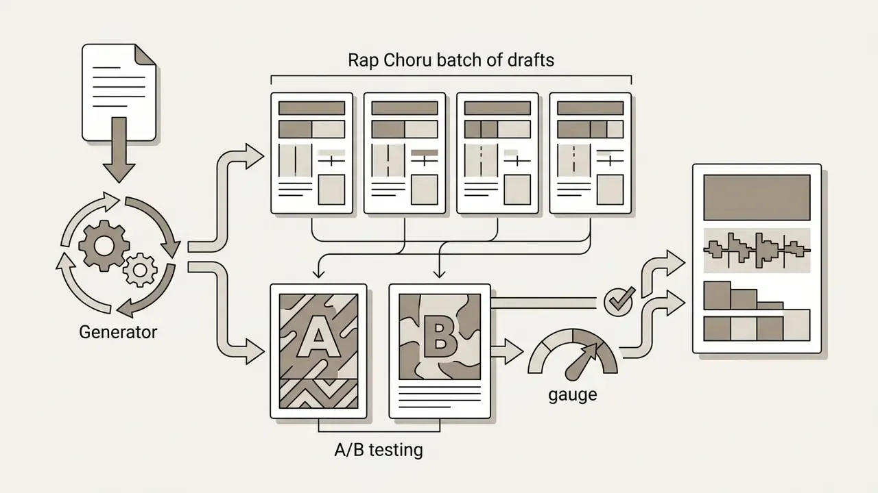 Diagram showing text input processed into multiple rap drafts for A/B testing and final audio selection