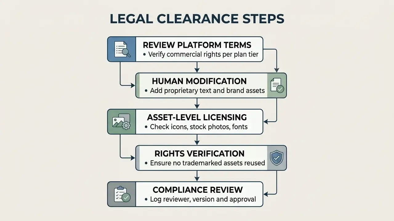 Sequential process steps for verifying commercial rights and ensuring compliance for design assets