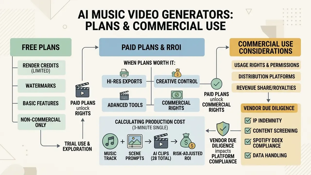 Diagram detailing subscription tiers, commercial rights, and cost calculation for an AI music video generator