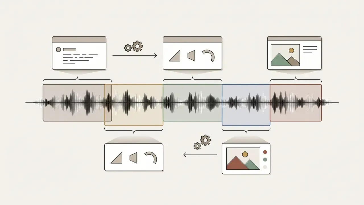 Audio waveform segments mapped to individual visual prompts and scene editing windows