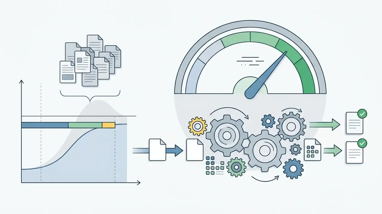 Batch of documents moving through a speedometer and gear system to generate verified output files