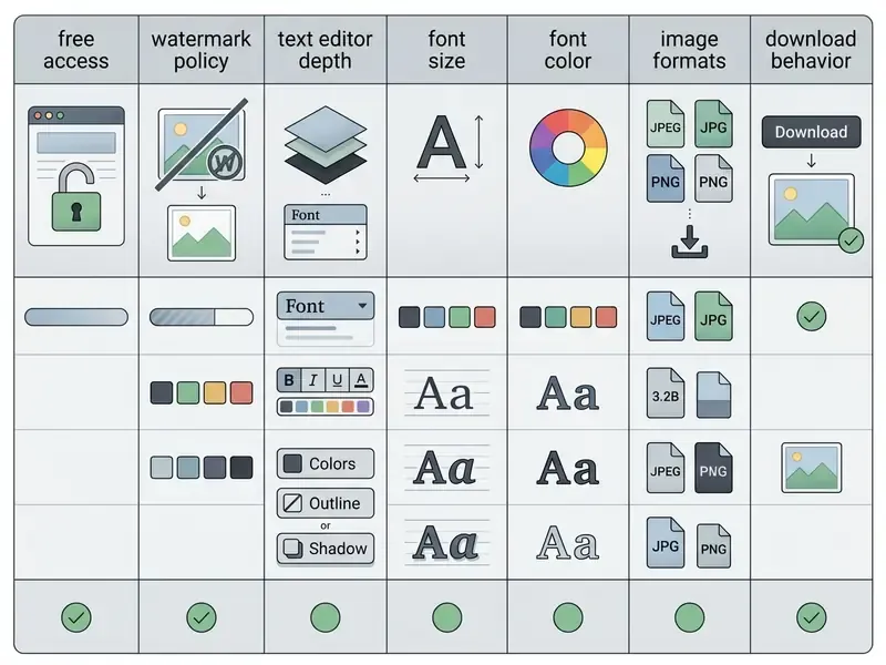 Comparison table evaluating free online tools for adding text to images based on seven functional criteria