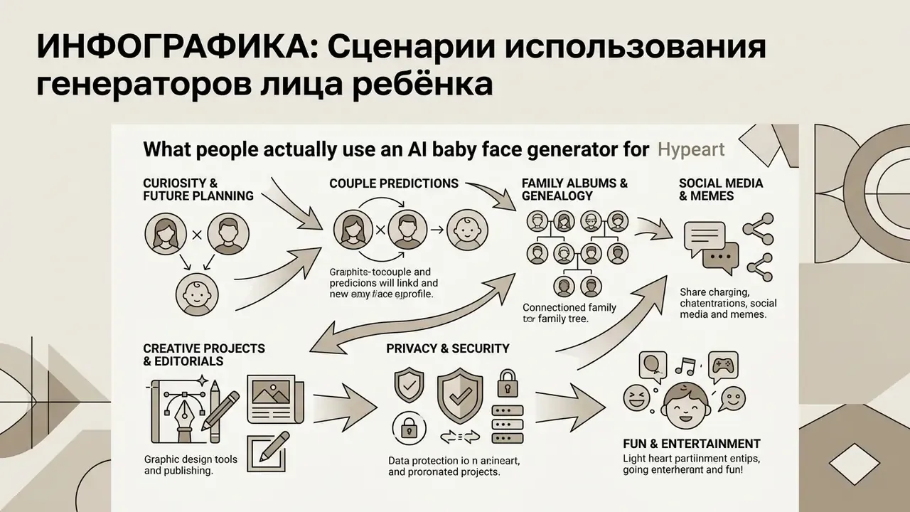 Infographic showing various use cases for an AI baby face generator app including social media and family trees