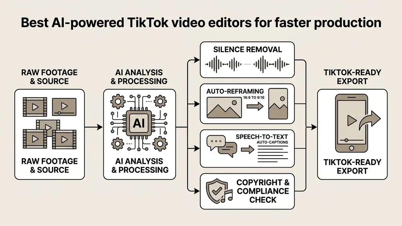 Process diagram showing raw footage moving through AI analysis to generate vertical clips for export
