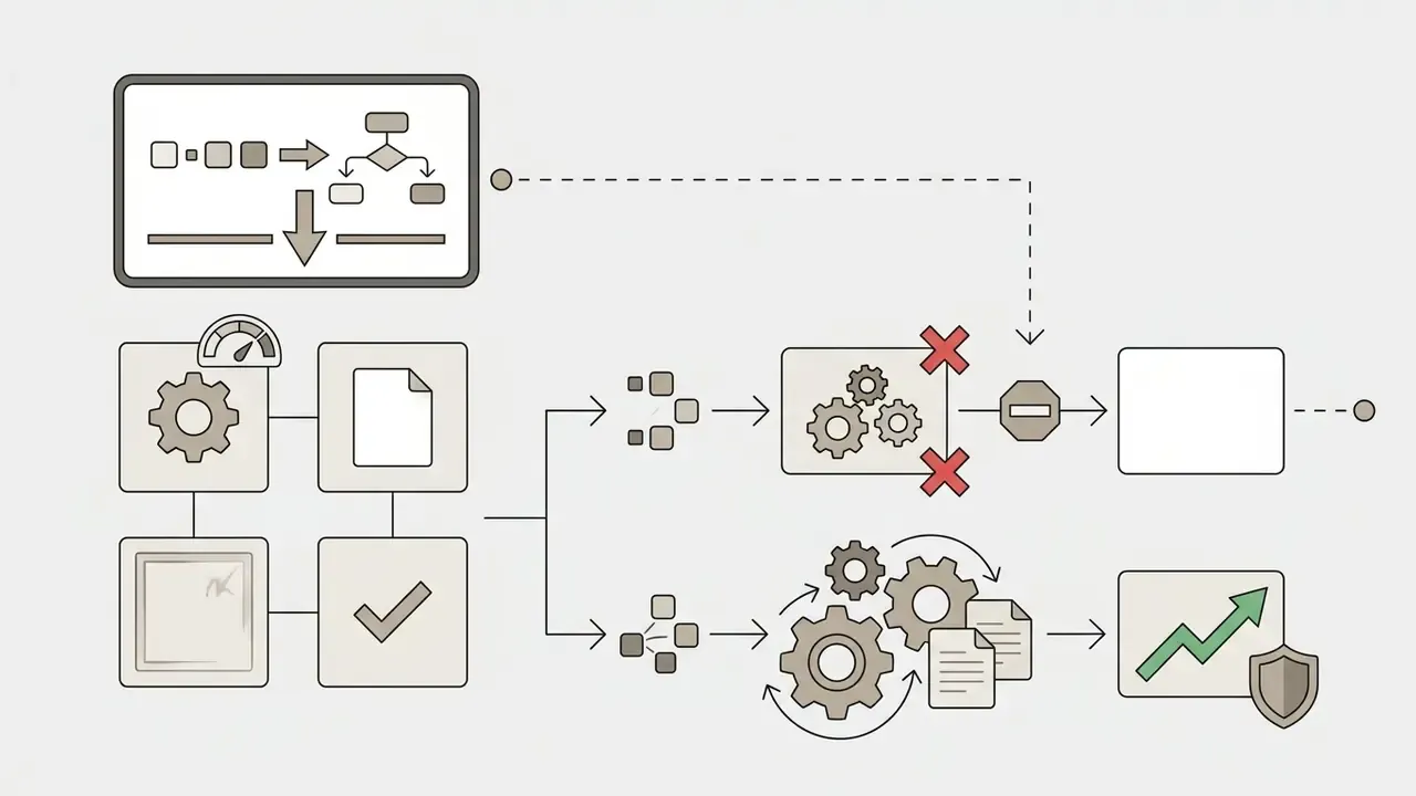 Icons showing document analysis branching into restricted processing or optimized growth workflows