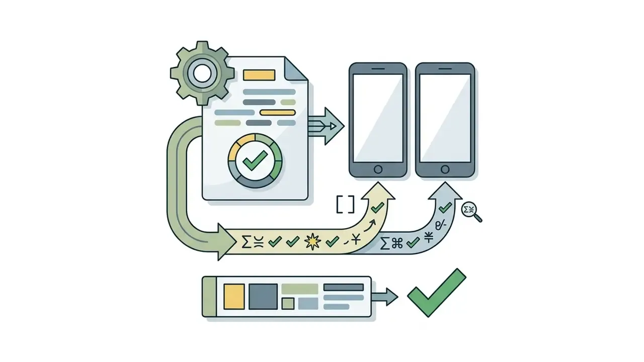 Document with a gear and checkmark feeding symbols into two mobile phone screens for verification