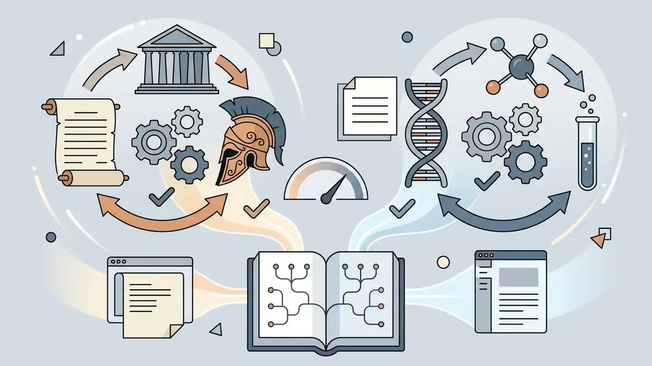 Central AI engine processing historical and scientific data into educational documents and roleplay scenarios