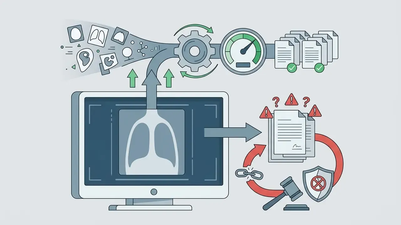 Medical scans flowing through a processor into documents alongside legal risks and liability symbols