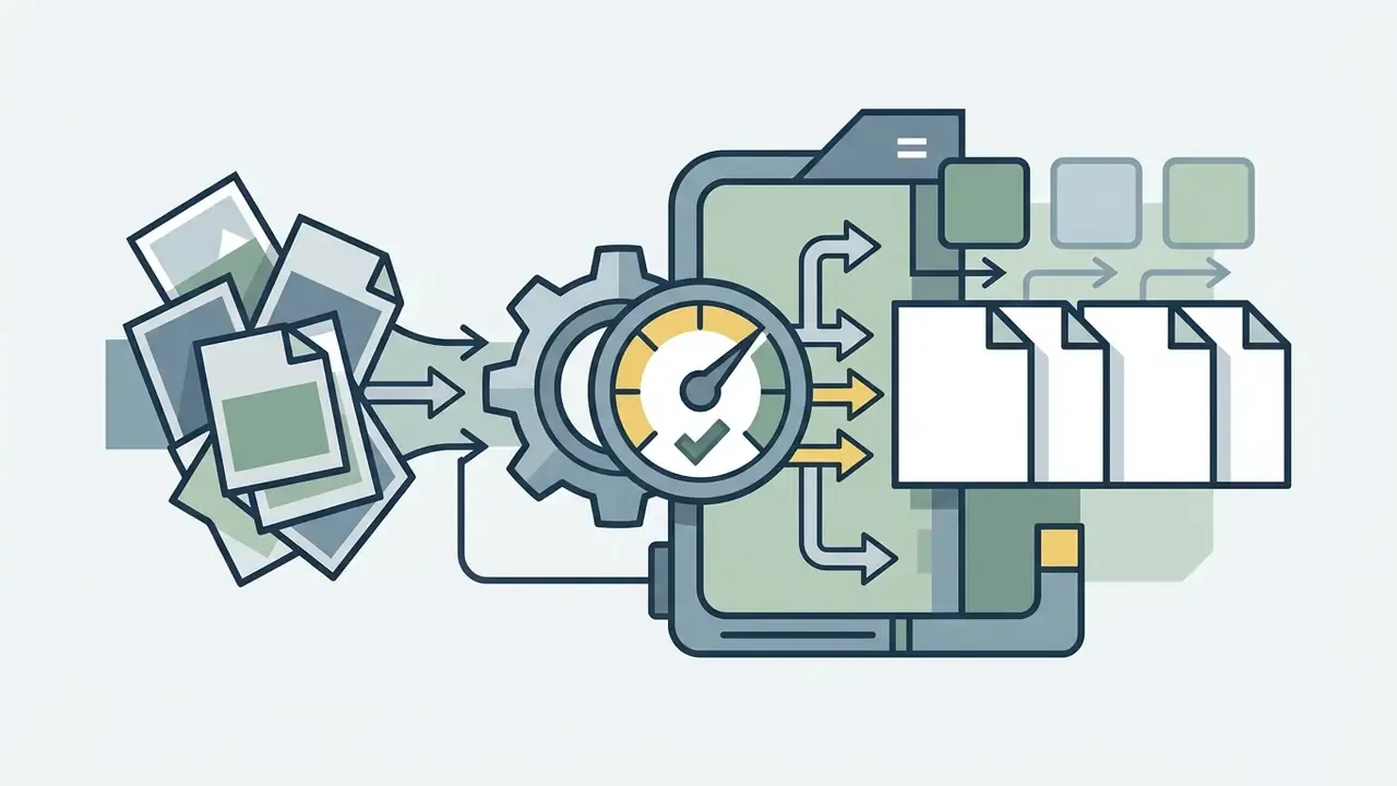 Multiple document icons feeding into a gear and gauge mechanism that sorts files into separate outputs