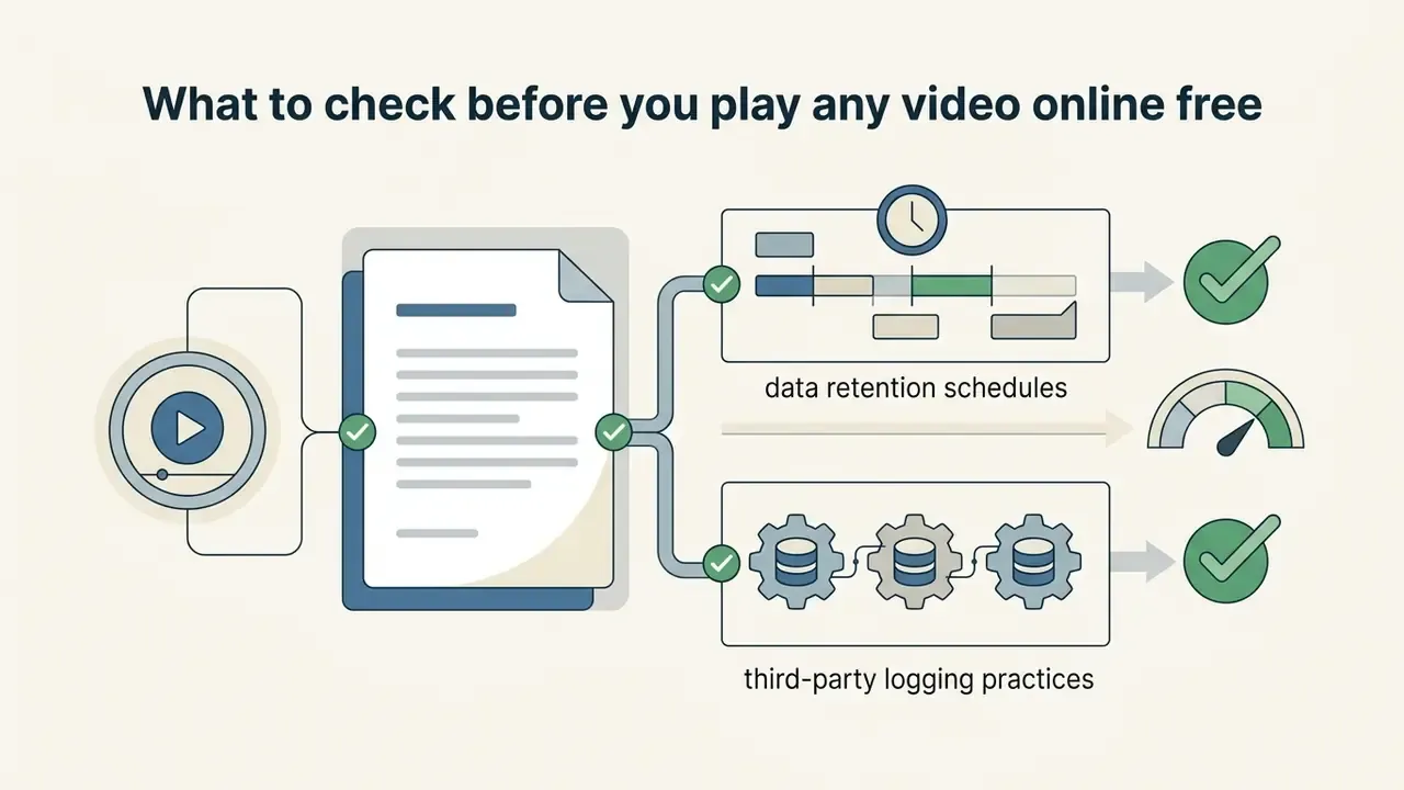 Media player icon linked to a document showing data retention schedules and third-party logging practices