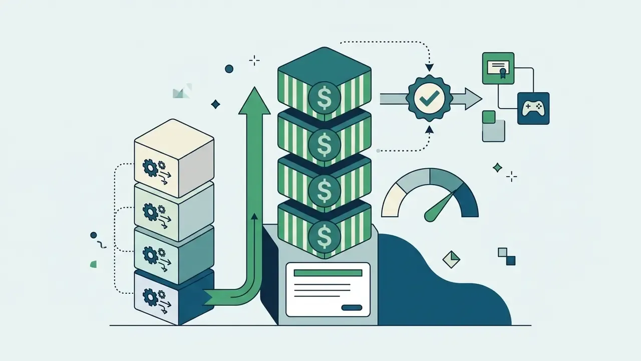 Stacked gear blocks connecting to a vertical column of dollar signs with a gauge and certification icons