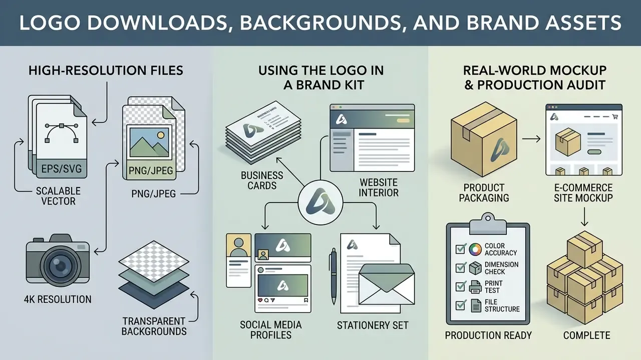 Infographic showing file types, brand kit applications, and production readiness for a logo
